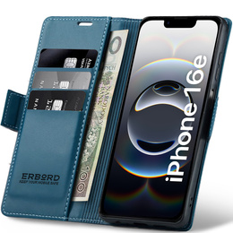 Husă pentru Iphone 16E, ERBORD Glossy Litchi, portofel cu clapetă, albastru