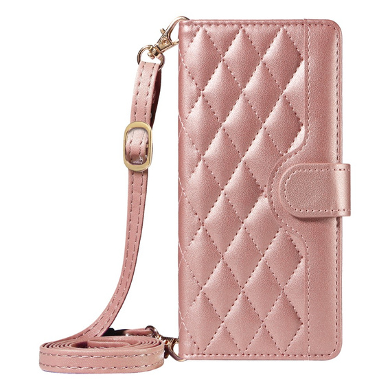 Husă cu clapetă pentru Motorola Edge 50 Neo / Motorola ThinkPhone 25, Rhombus Crossbody Leather, roz rose gold