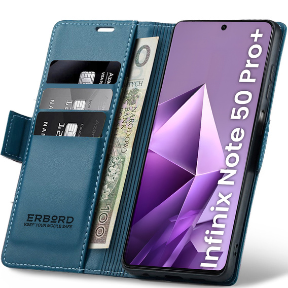 Husă pentru Infinix Note 50 Pro+, ERBORD Glossy Litchi, portofel cu clapetă, albastru