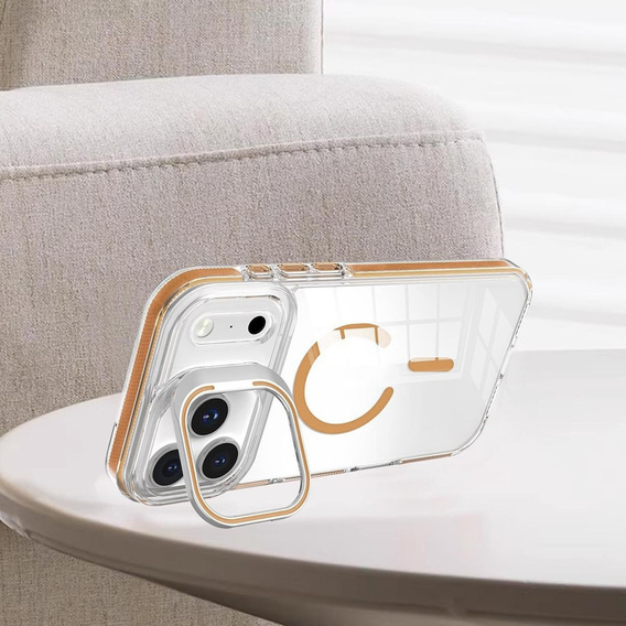 Husă pentru iPhone 17 Pro Max, pentru MagSafe, cu suport, transparentă cu inserții aurii
