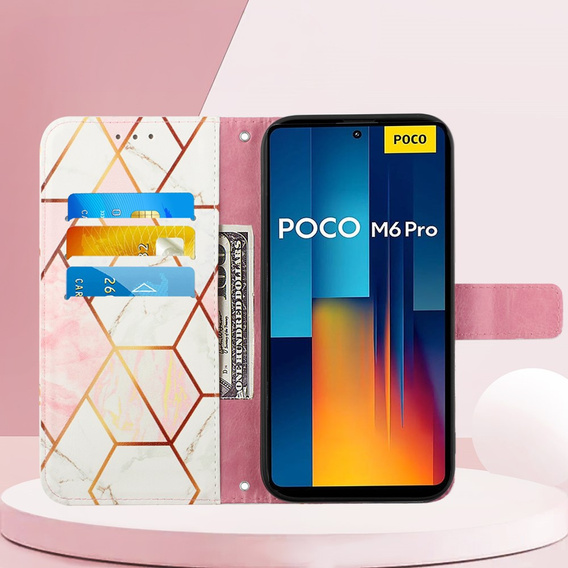 Cu clapetă pentru Xiaomi Redmi Note 13 Pro 4G / Xiaomi Redmi Note 14S / Xiaomi Poco M6 Pro 4G, Wallet, Marble roz