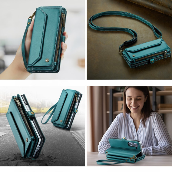 Husă CASEME pentru Samsung Galaxy Z Fold6 5G, RFID Leather Wallet, cu curea de umăr, verde