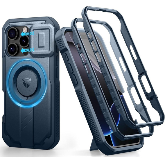 Husă blindată pentru iPhone 16 Pro, Dexnor CamProtect MagSafe, albastru (Două rame)