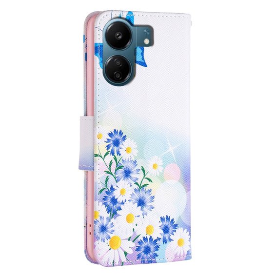 Cu clapetă pentru Xiaomi Redmi 13C / Poco C65, Wallet, butterfly & flowers, alb