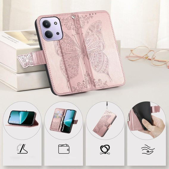 Cu clapetă pentru Xiaomi Redmi 15C 4G/LTE, Butterfly, roz rose gold