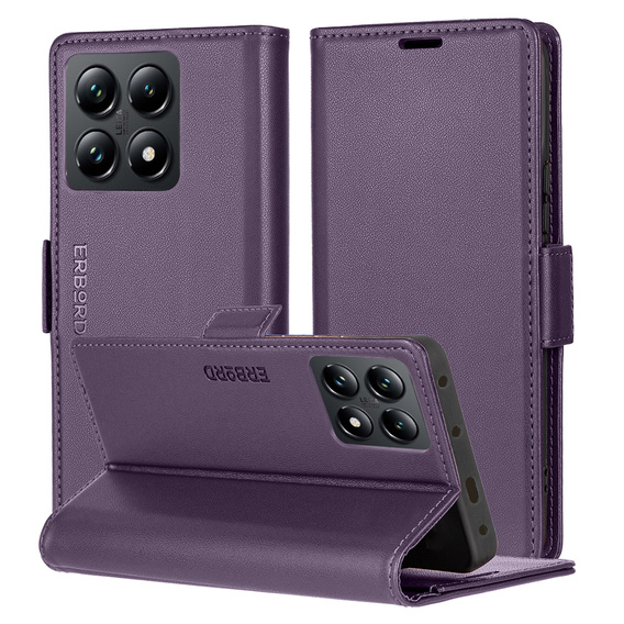 Husă pentru Xiaomi 14T Pro, ERBORD Glossy Litchi, portofel cu clapetă, violet