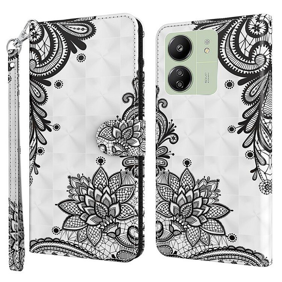 Cu clapetă pentru Xiaomi Redmi 13C / Poco C65, Wallet, Lace Flower alb
