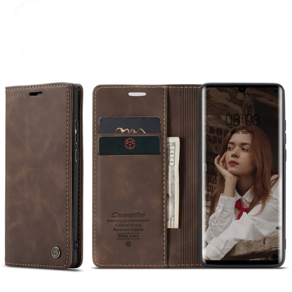 Husa CASEME pentru Huawei P30 Pro, Leather Wallet Case, maro închis