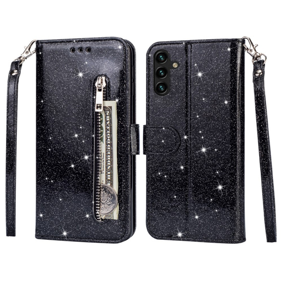 Cu clapetă pentru Samsung Galaxy A35 5G, Wallet Zipper Pocket Glittery, negru