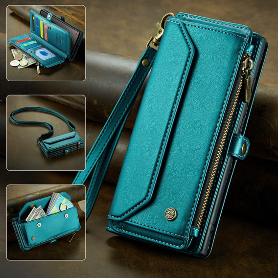 Husă CASEME pentru Samsung Galaxy S25 Ultra, RFID Leather Wallet, cu curea de umăr, verde
