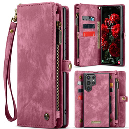 Husă CASEME pentru Samsung Galaxy S25 Ultra, Retro Leather Wallet, cu curea de umăr, roșu