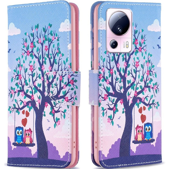Cu clapetă pentru Xiaomi 13 Lite, Wallet, tree & owls, albastru