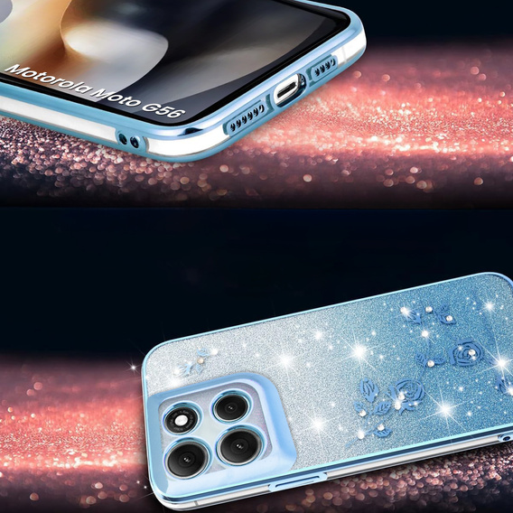 Husă pentru Motorola Moto G56 5G, Glitter Flower, albastru