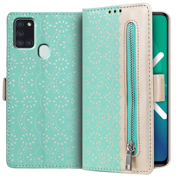 Carcasă cu clapetă pentru Samsung Galaxy A21S, Wallet Pocket Zipper Lace, verde