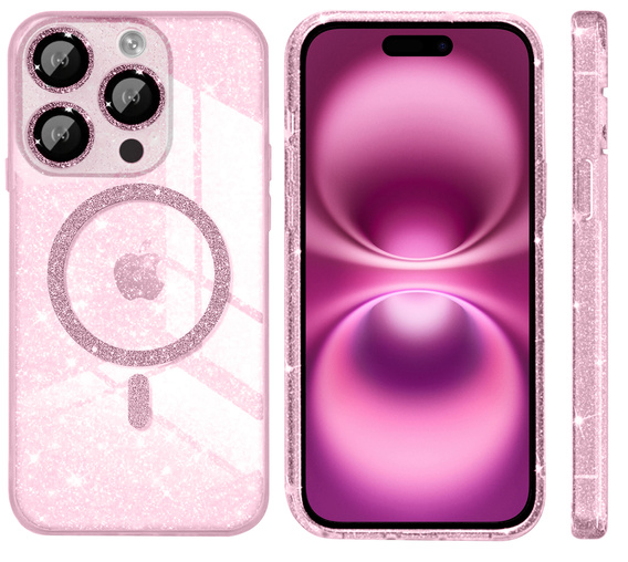 Husă pentru iPhone 16 Pro, ERBORD Glitter MagSafe, roz + Sticlă pentru ecran