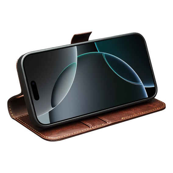 QIALINO Carcasă cu flip din piele de vacă originală pentru iPhone 17 Pro Max, maro