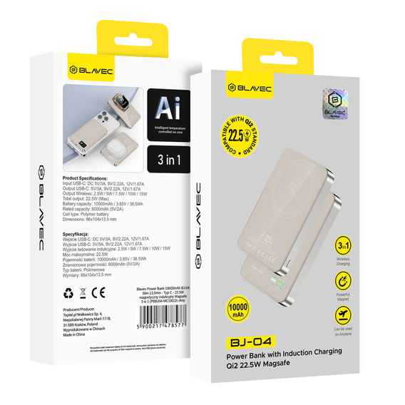 Power Bank 10000mAh Slim 22.5W MagSafe 3-in-1 pentru iPhone 12-17, AirPods, Apple Watch și smartphone-uri cu încărcare inductivă