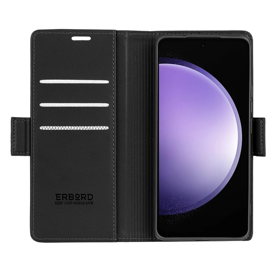 Husă pentru Samsung Galaxy S23 FE, ERBORD Glossy Litchi, portofel cu clapetă, negru