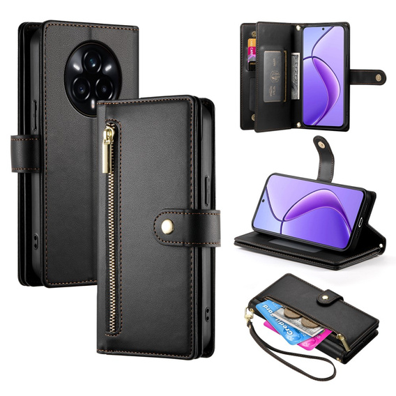 Cu clapetă pentru Realme 14 Pro+ 5G, Wallet Zipper Pocket, negru
