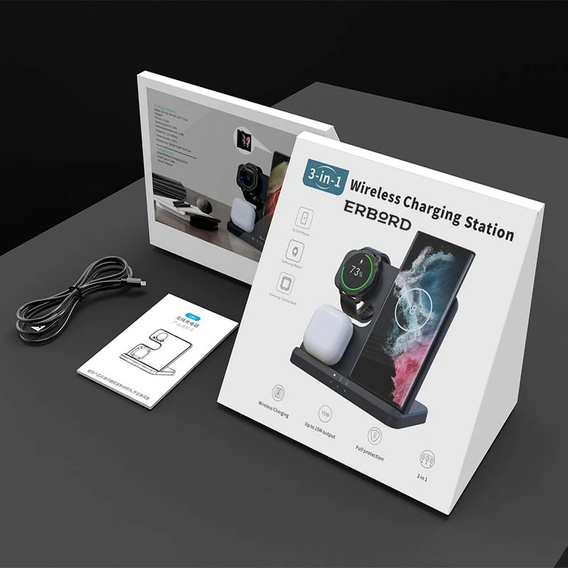 Încărcător wireless inductiv 3 în 1 QI rapid pentru Samsung S25 S24 S23 Galaxy Watch Buds Stație neagră