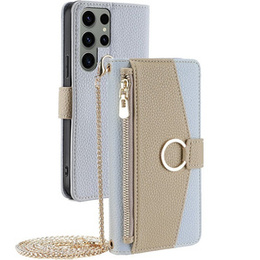 Carcasă flip pentru Samsung Galaxy S23 Ultra, Wallet Zipper Pocket, cu oglindă, albastru