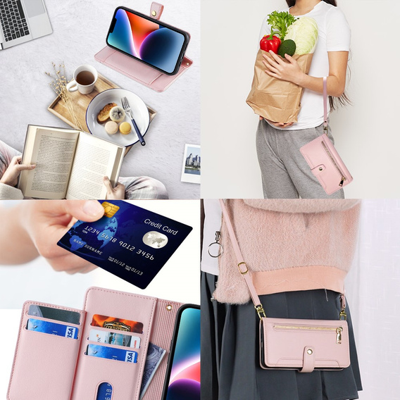Cu clapetă pentru iPhone 14, Wallet Zipper Pocket, roz