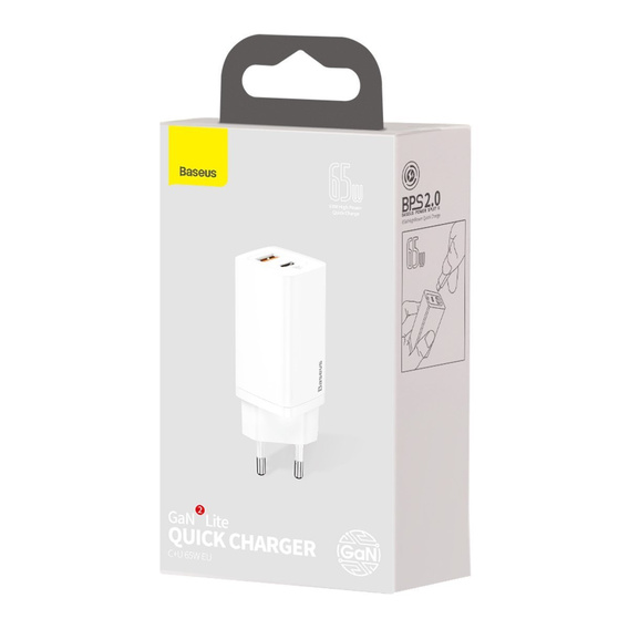 Baseus GaN2 Lite 65 W USB-C + USB-A încărcător de rețea, alb (UE)