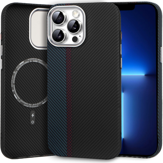 Carcasa pentru iPhone 13 Pro Max, Carbon Fiber MagSafe, negru / albastru