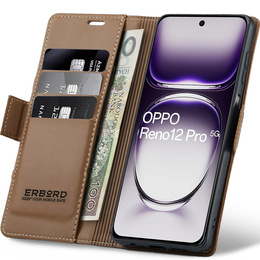Husă pentru Oppo Reno 12 Pro, ERBORD Glossy Litchi, portofel cu clapetă, maro
