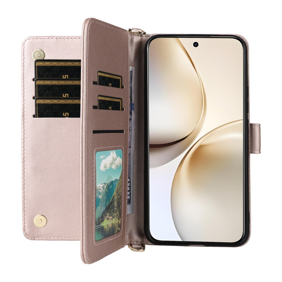 Carcasă cu clapetă pentru Realme 14 Pro+ 5G, Crossbody Leather Wallet, roz rose gold
