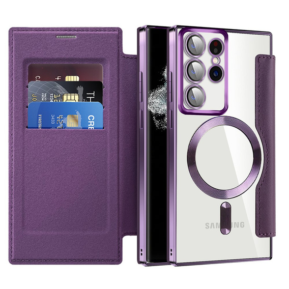Cu clapetă pentru Samsung Galaxy S22 Ultra 5G, RFID Wallet MagSafe CamShield, violet