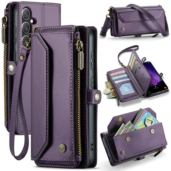 Husă CASEME pentru Samsung Galaxy S25 FE, RFID Leather Wallet, cu curea de umăr, violet