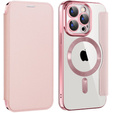 Cu clapetă pentru iPhone 15 Pro, RFID Wallet MagSafe CamShield, roz