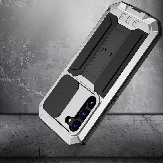 Husă blindată pentru Samsung Galaxy S23, R-JUST CamShield Slide, argintiu / negru
