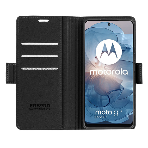 Husă pentru Motorola Moto G24 Power, ERBORD Glossy Litchi, portofel cu clapetă, negru