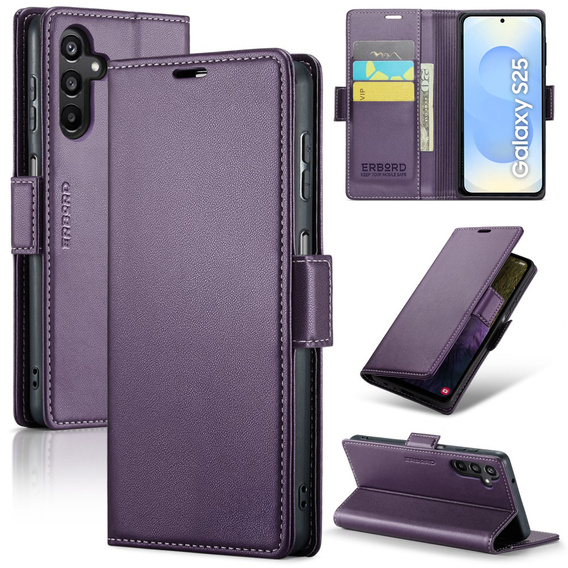 Husă pentru Samsung Galaxy S25, ERBORD Glossy Litchi, portofel cu clapetă, violet