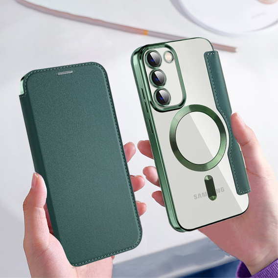 Cu clapetă pentru Samsung Galaxy S23, Wallet, MagSafe, verde
