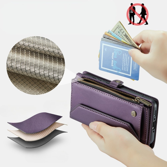 Husă CASEME pentru Samsung Galaxy A56 5G, RFID Leather Wallet, cu curea de umăr, violet