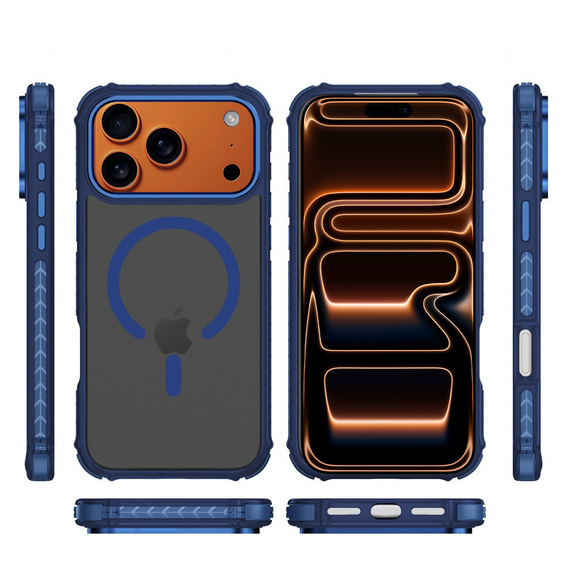 Carcasă Matt pentru iPhone 17 Pro, blindată, pentru MagSafe, fumurie cu margini albastre