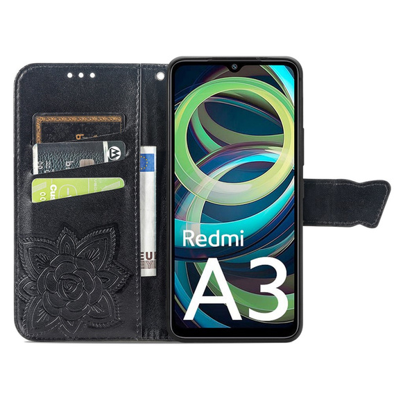 Cu clapetă pentru Xiaomi Redmi A3, Butterfly, negru