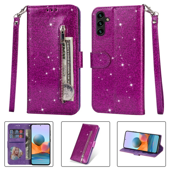 Cu clapetă pentru Samsung Galaxy A55, Wallet Zipper Pocket Glittery, violet
