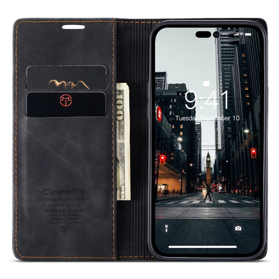 Husa CASEME pentru iPhone 14 Pro, Leather Wallet Case, negru