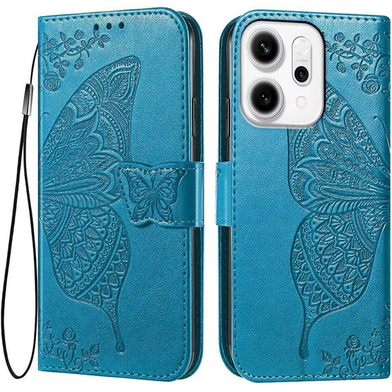 Carcasă flip pentru Oppo Reno 14, Butterfly, portofel, albastru