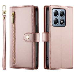 Cu clapetă pentru Xiaomi 14T Pro, Wallet Zipper Pocket, roz