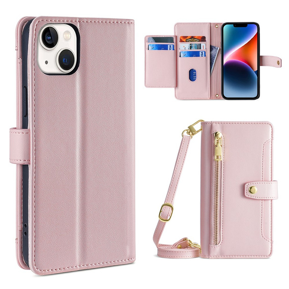 Cu clapetă pentru iPhone 14, Wallet Zipper Pocket, roz