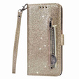 Cu clapetă pentru Samsung Galaxy S24, Wallet Zipper Pocket Glittery, de aur