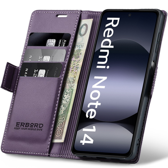 Husă pentru Xiaomi Redmi Note 14 5G, ERBORD Glossy Litchi, portofel cu clapetă, violet