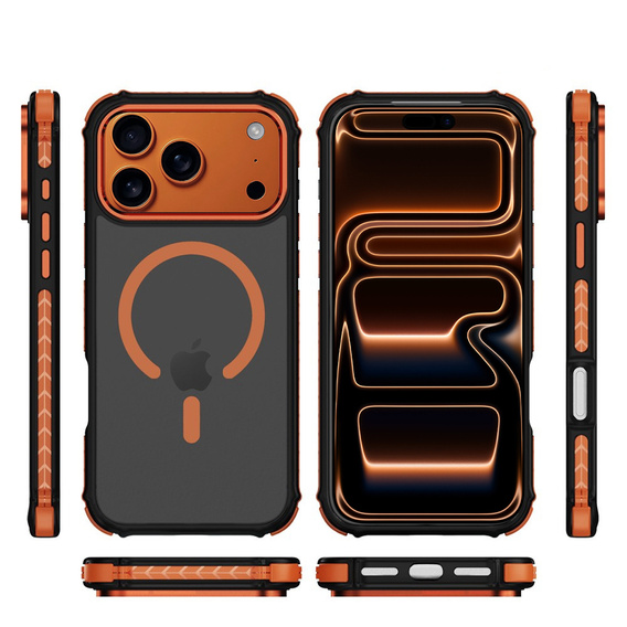 Carcasă Matt pentru iPhone 17 Pro, blindată, pentru MagSafe, fumurie cu margini portocalii