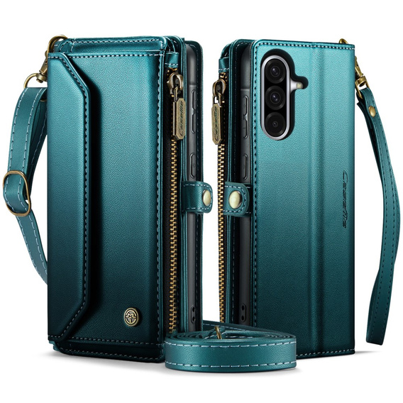 Husă CASEME pentru Samsung Galaxy A56 5G, RFID Leather Wallet, cu curea de umăr, verde