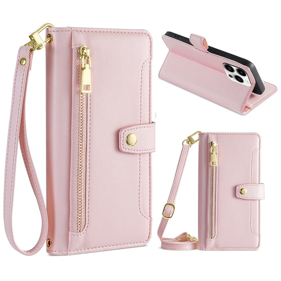 Cu clapetă pentru iPhone 15 Pro Max, Wallet Zipper Pocket, roz